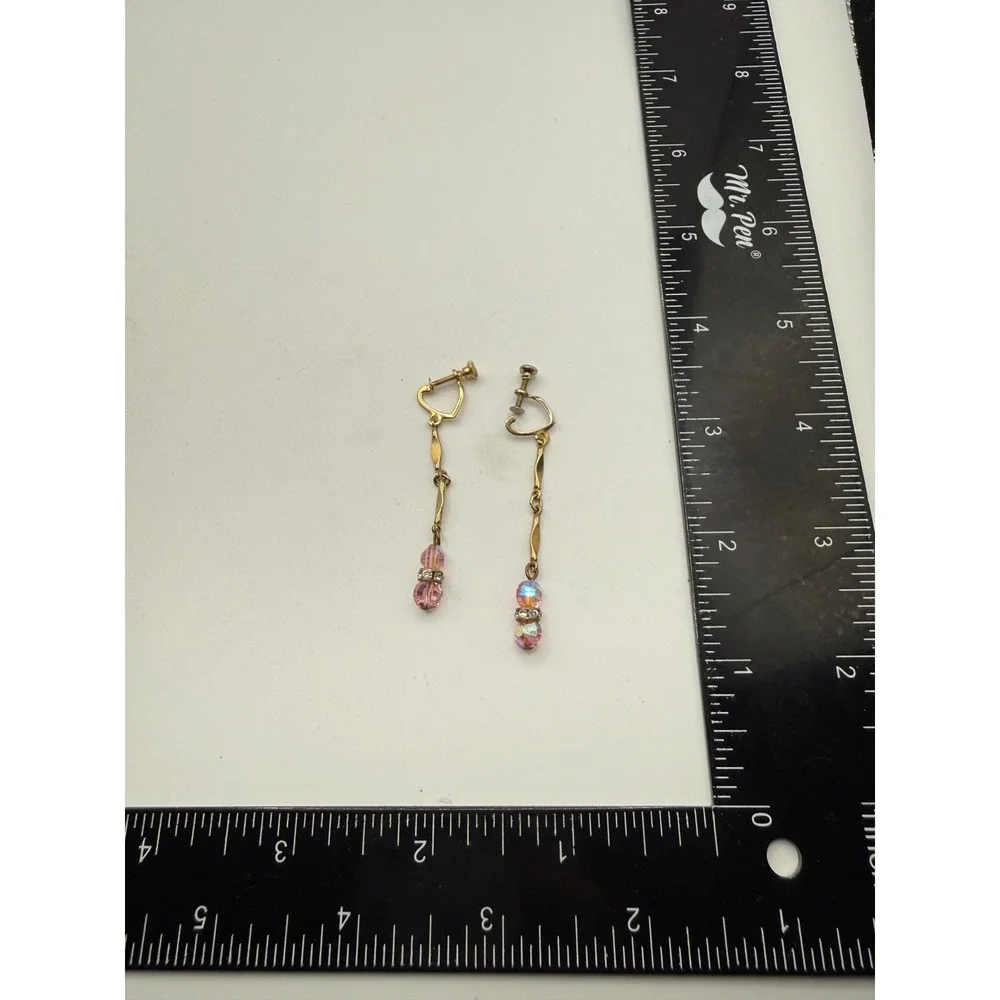 Vintage‎ Pink Aurora Borealis Crystal Dangle Screw Back Earrings Gold Tone Heart